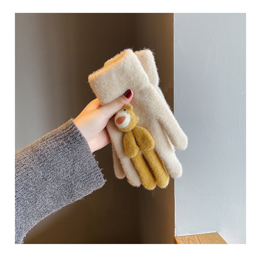 Găng tay len nữ mùa đông hình gấu giữ ấm đi xe máy, bao tay nữ hình gấu ngôi sao gang tay vải chống lạnh mùa đông