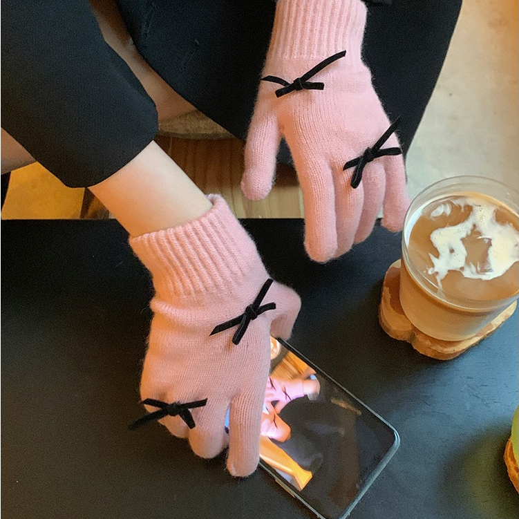 Găng tay len nữ mùa đông hình gấu giữ ấm đi xe máy, bao tay nữ hình gấu ngôi sao gang tay vải chống lạnh mùa đông