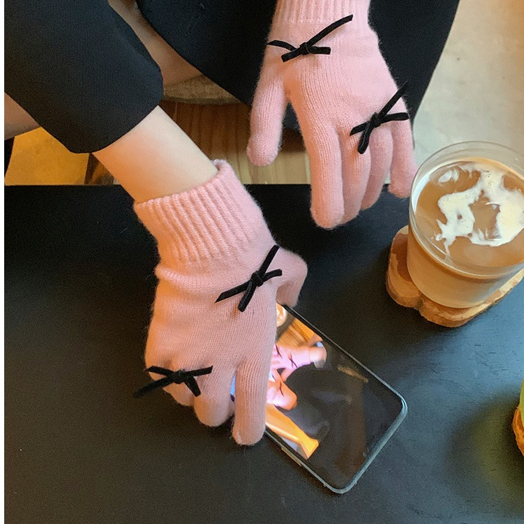 Găng tay len nữ Găng tay mùa đông giữ ấm đi xe máy, bao tay nữ hình nơ gấu ngôi sao gang tay vải chống lạnh mùa đông