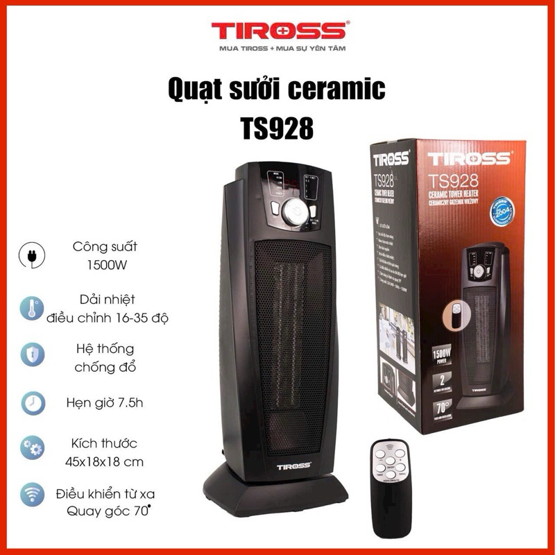 Quạt sưởi gốm Tiross TS927 1500W, máy sưởi điện, Quạt sưởi đối lưu, không đốt oxy, ko khô da (10-20m2)