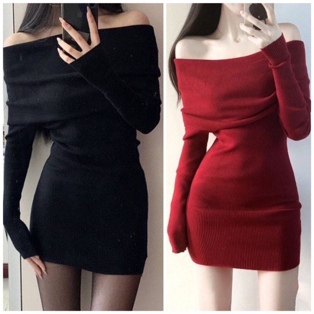 Đầm Body Trễ Vai Tay Dài Thời Trang Giáng Sinh Noel