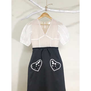 VÁY THIẾT KẾ CAO CẤP - váy liền taffeta lụa dáng A dài nơ eo túi đinh hoa thủ công