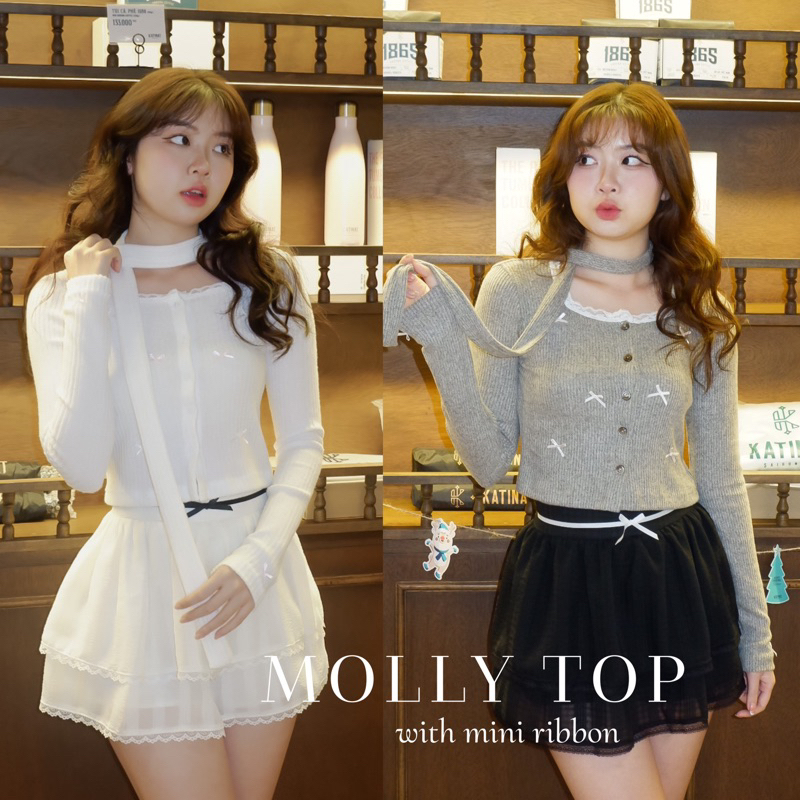 Áo Len Tay Dài MOLLY Coquette Top Viền Ren Đính Nơ Phong Cách Coquette - Minipie