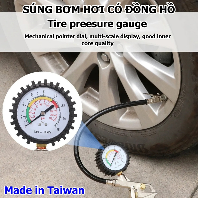 Súng bơm lốp ô tô, xe máy có đồng hồ áp suất - Made in Taiwan