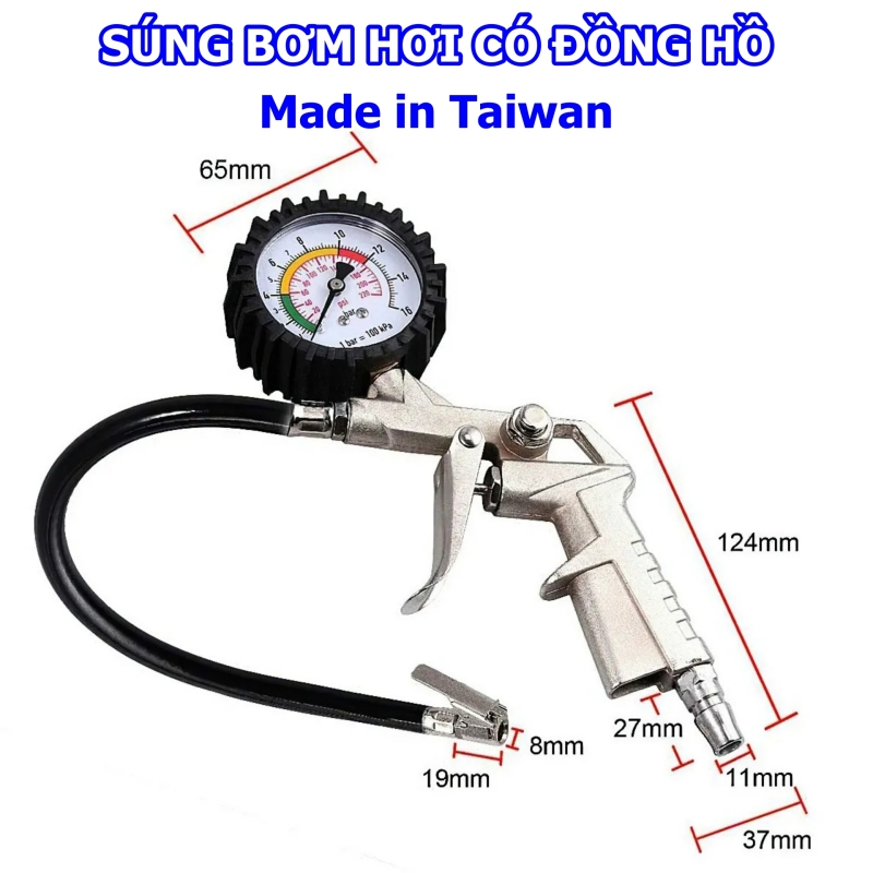 Súng bơm lốp ô tô, xe máy có đồng hồ áp suất - Made in Taiwan