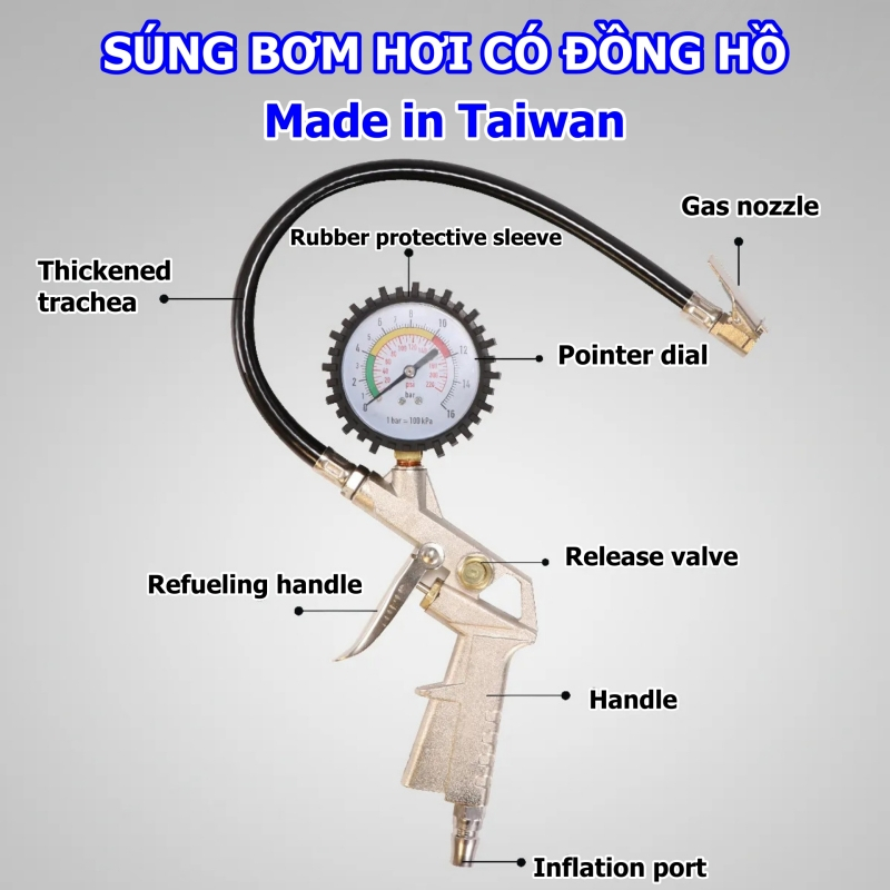 Súng bơm lốp ô tô, xe máy có đồng hồ áp suất - Made in Taiwan