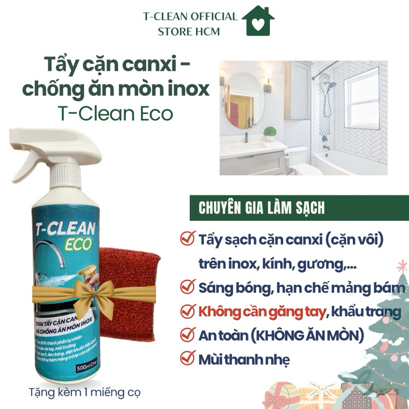 Tẩy cặn canxi T-Clean(Tclean), tẩy cặn vôi, tẩy inox, vách kính, vòi sen, bồn sứ, chậu tắm, gương soi (500ml)