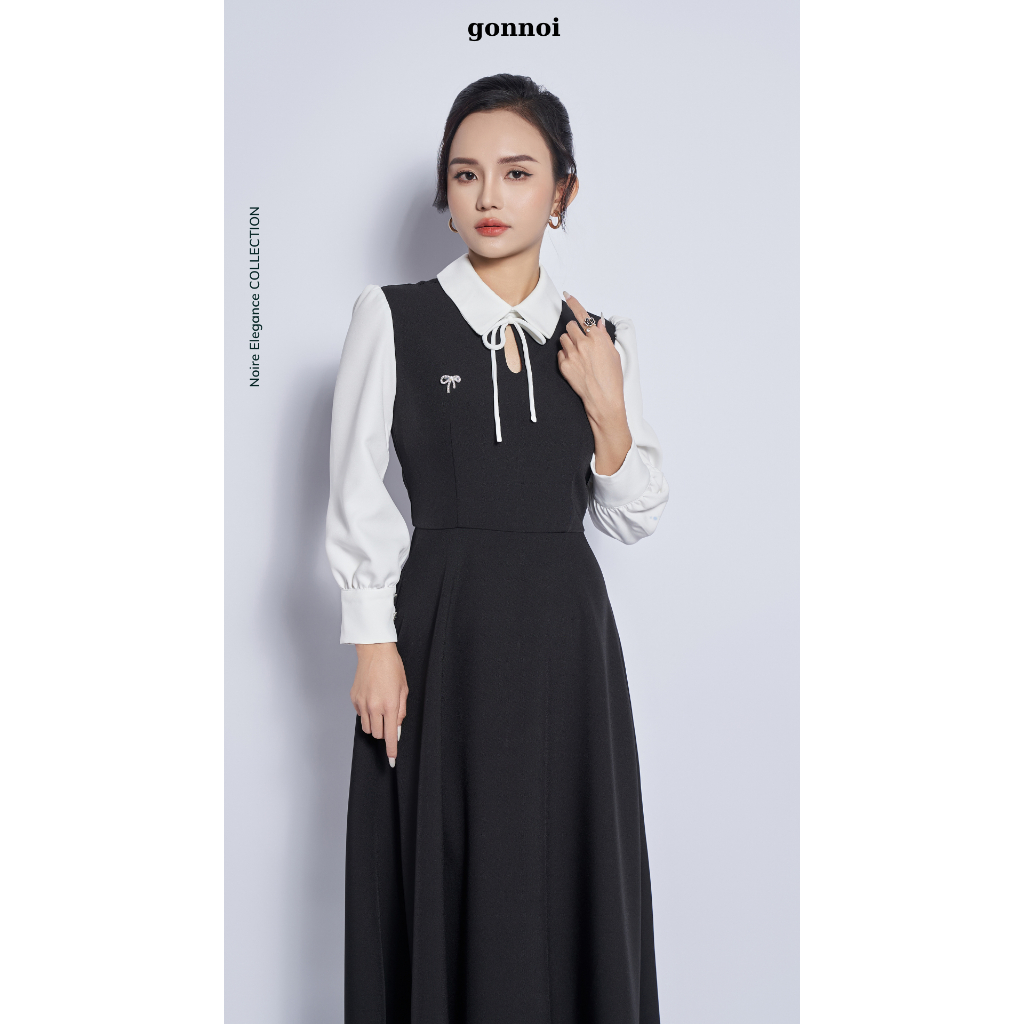 Váy nữ thiết kế HELEN, cổ đức, phối tay trắng lửng, midi chéo nhật, 2 lớp, dáng A