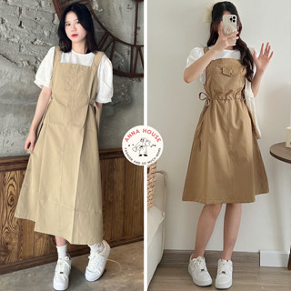 Set váy yếm nữ dáng dài suông rộng đai eo kèm áo sơ mi trắng - set yếm 2 dây bản to kèm áo tay bồng Ulzzang màu xanh, be