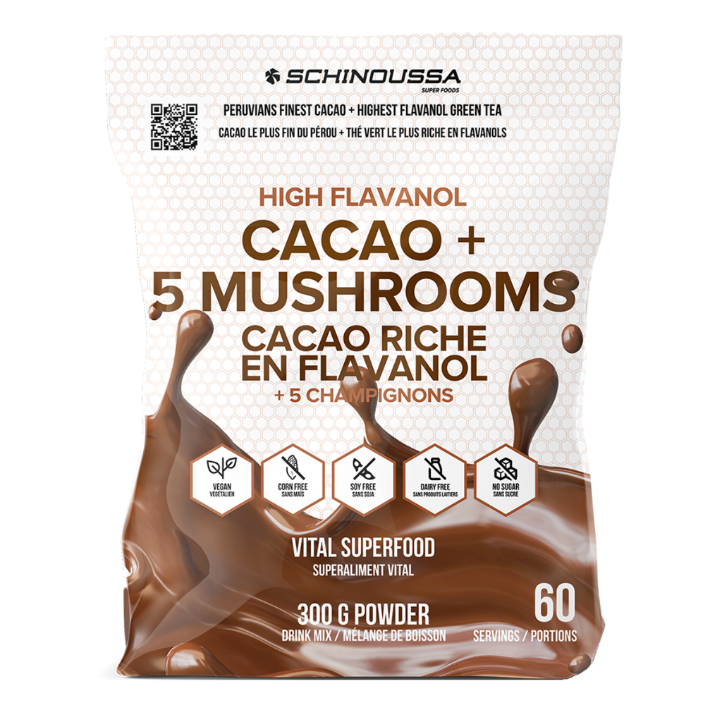Hỗn hợp cacao, trà xanh và 5 loại nấm Schinoussa High Flavanol Cacao + 5 Mushrooms, túi 300G- 60 servings