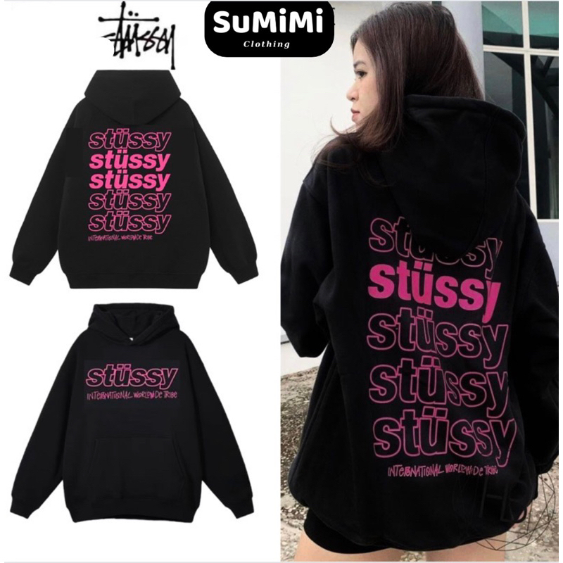 Áo Hoodie Stu ssy Bản in CHỮ HỒNG, Áo khoác nỉ bông cotton Nam Nữ frorm rộng unisex