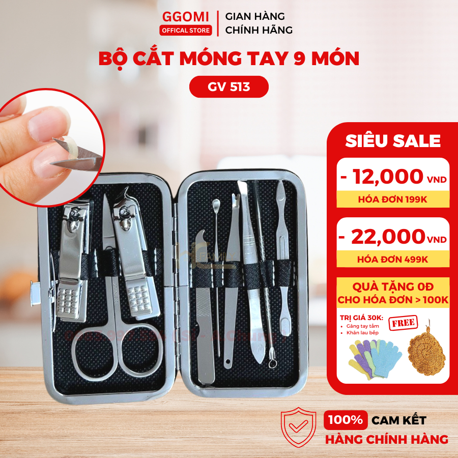 Bộ dụng cụ cắt móng 9 món có hộp đựng GGomi GV513 sang chảnh, thích hợp làm quà tặng