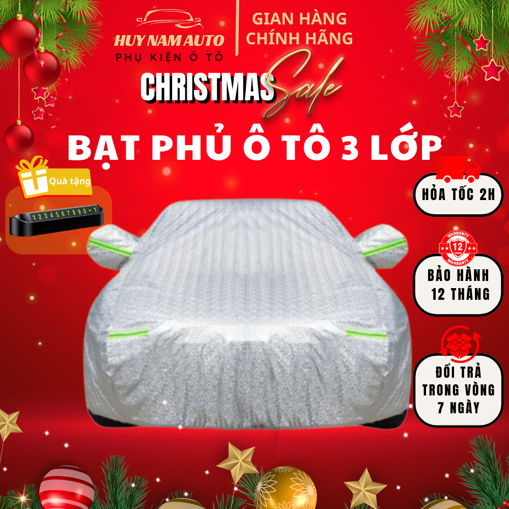Bạt Phủ Ô Tô Trùm Xe 3 Lớp Chống Nắng Chống Mưa Cho Xe 4 Chỗ 5 Chỗ 7 Chỗ, Bạt phủ ô tô HUY NAM AUTO Bảo Hành 1 Năm