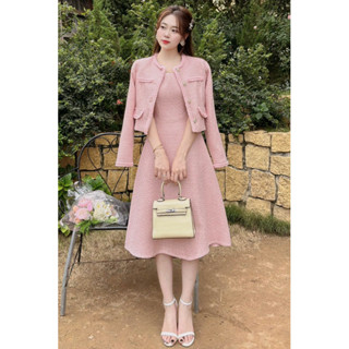  s427 Set váy thiết kế tiểu thư chất liệu dạ tweed hồng ngọt ngào dễ thương 