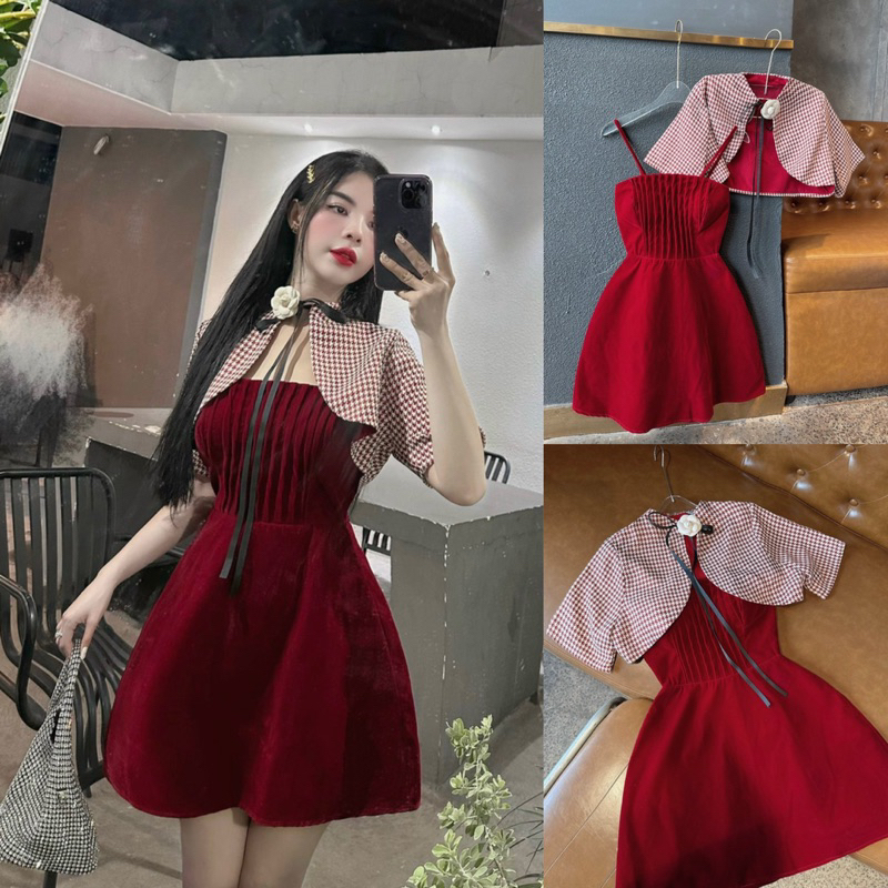 Bigsize Set váy 2 dây kèm khoác dạ caro đỏ 55-95kg