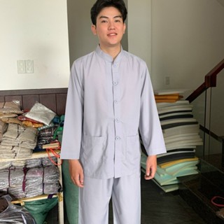 (NAM LÃNH TỤ nút nhưa) Đồ lam đi chùa nam, Quần áo Phật tử mẫu nam Kate KN04B