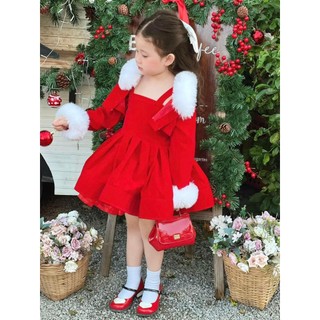 V48 - Váy diện tết cho bé gái, Váy bé gái nhung đỏ cổ lông cho bé gái diện tết diện noel xinh dễ thương 12 -32kg