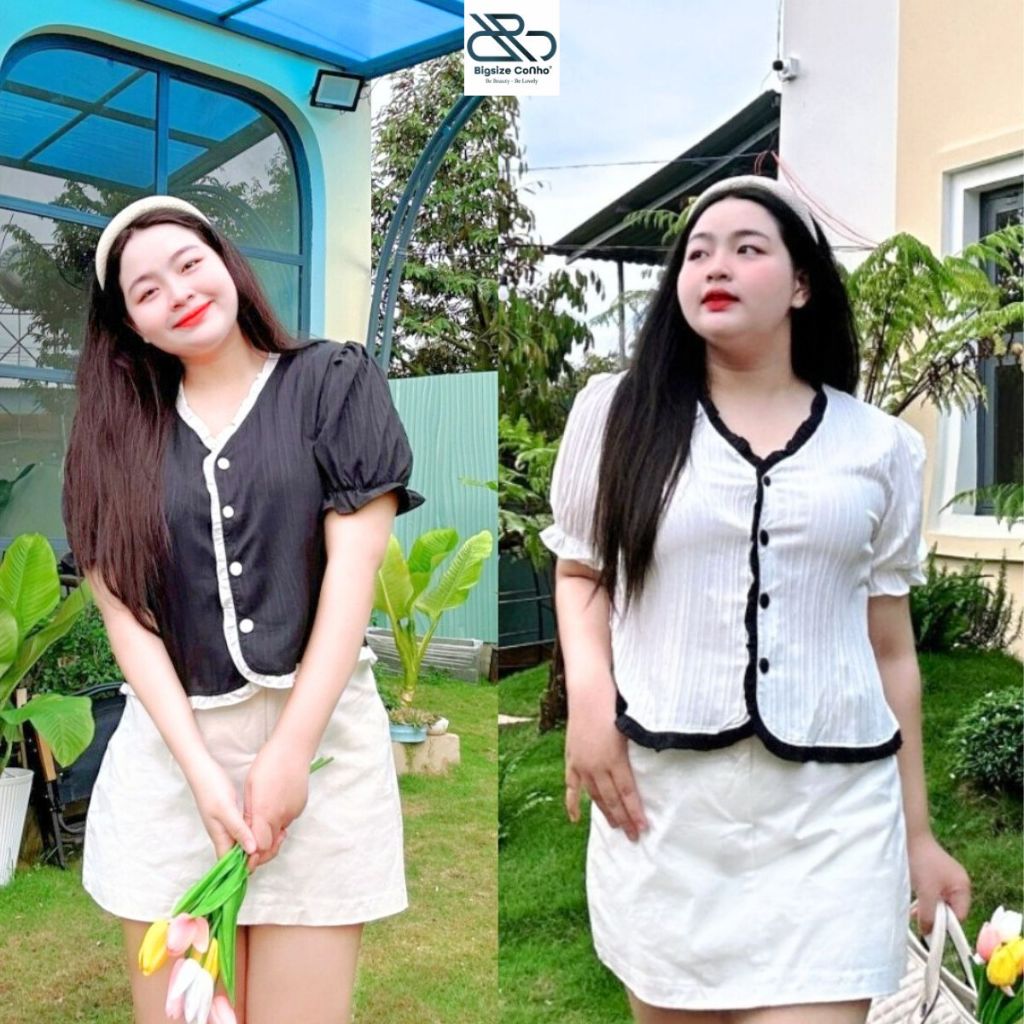 Áo sơmi vải xốp đũi Bigsize Cô Nhỏ xinh xắn , sơmi chạy viền tay nhún nút bọc vải -SM18