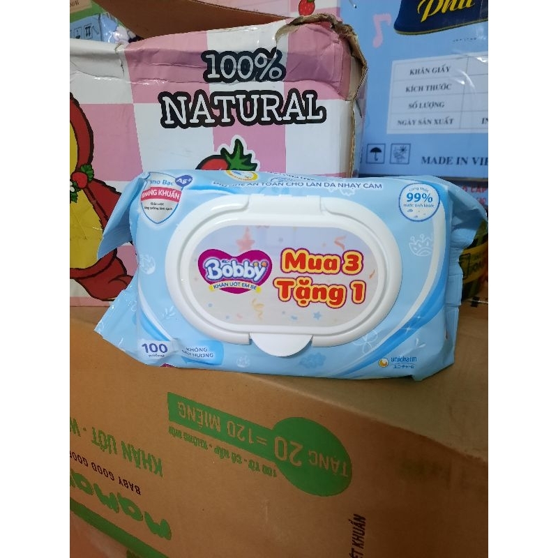 Combo 10 gói khăn ướt bobby 100 tờ không mùi cho bé sơ sinh mẫu mới Bobby,KHĂN ƯỚT BOBBY TẶNG KWFM KHĂN FRESSI 10 MIẾNG