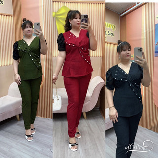 (Bigsize Nữ 60-95kg )Sét Thiết Kế Quần Dài Ống Ôm +Áo Nơ To Đính Hạt,Tay Voan Nhúng Thun Chất Thun Xốp Nhật