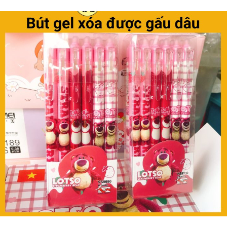 Hộp 12 Bút Bi Bấm Xóa Được Mực Gel In Hình Phi Hành Gia,Gấu Dâu,Khủng Long Có 3 màu Mực Xanh,Tím,Đen