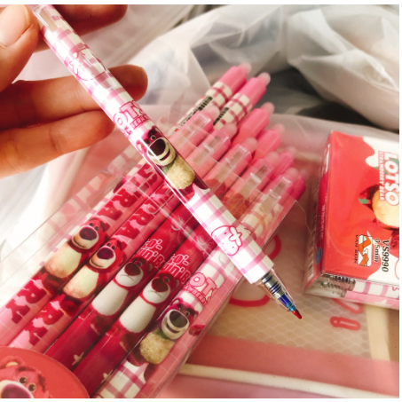 Hộp 12 Bút Bi Bấm Xóa Được Mực Gel In Hình Phi Hành Gia,Gấu Dâu,Khủng Long Có 3 màu Mực Xanh,Tím,Đen