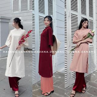   KÈM CÀI NGỌC  Set áo dài cách tân nhung chéo tay lửng đính cúc ngọc phối nơ hai bên vai tặng kèm quần lụa HAVANA AD40 