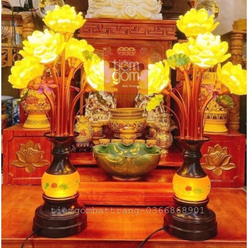 CẶP ĐÈN HOA SEN NGỌC LƯU LY CHÂN ĐẾ ĐEN 5 BÔNG HÀNG CAO CẤP