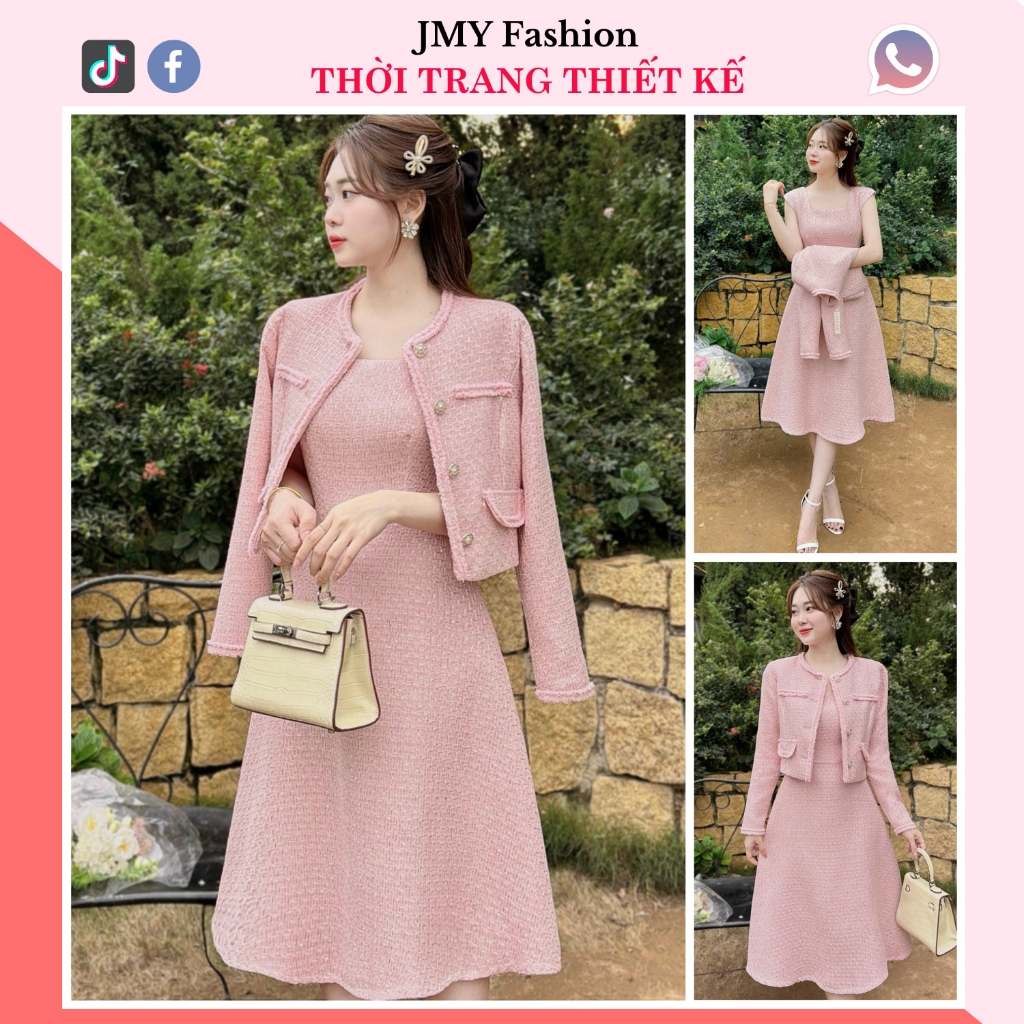 S427 Set áo khoác, váy dạ hồng xòe [TH Hà Thanh] áo khoác dạ hồng, váy dạ xòe cổ vuông nữ tính