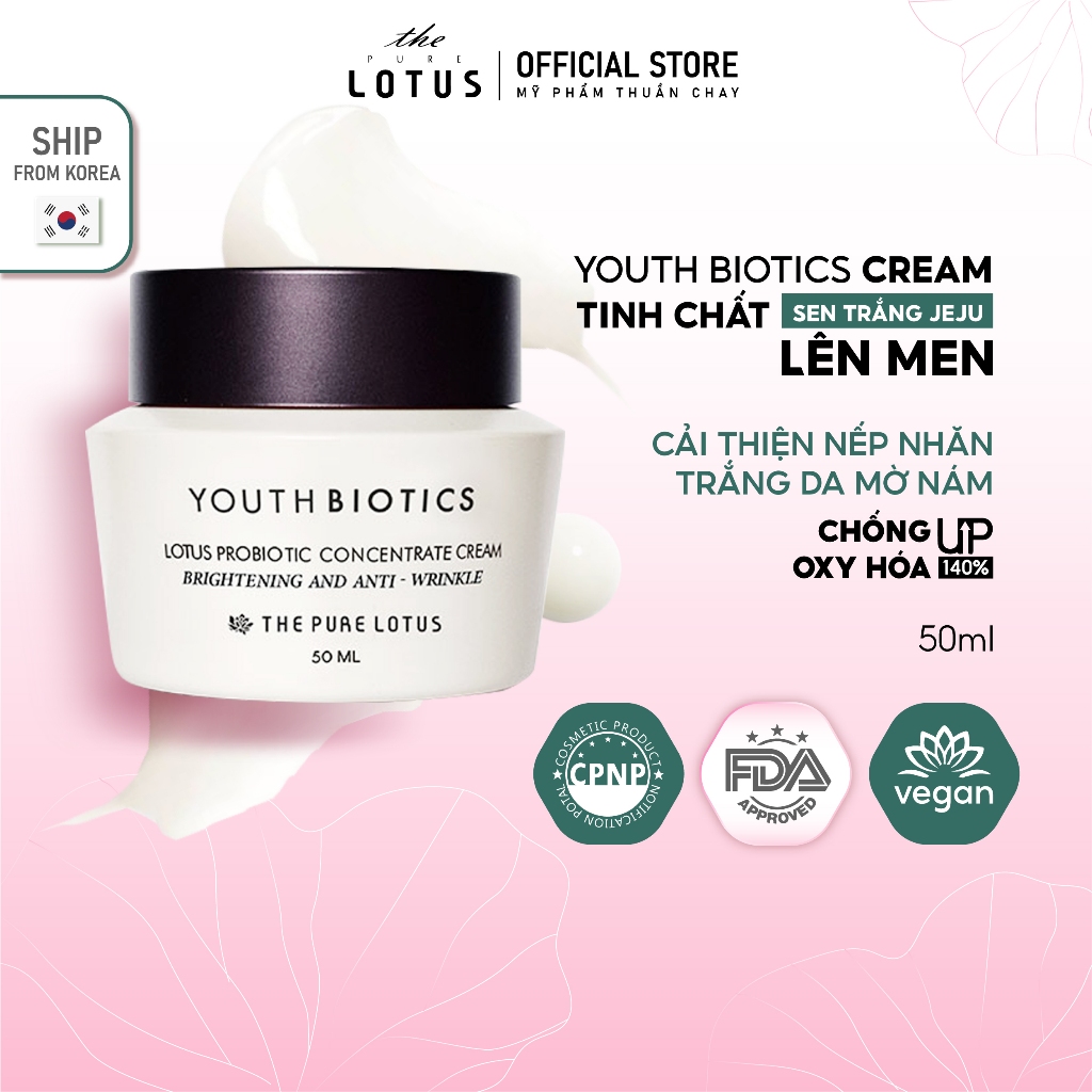 Kem dưỡng ẩm trắng sáng da mặt từ sen trắng lên men Hàn Quốc Youth Biotics Cream The Pure Lotus, mờ nếp nhăn, thâm nám.