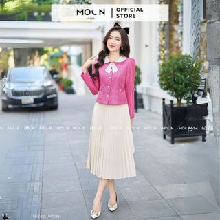  Áo khoác dạ nữ mix chân váy MOON thiết kế áo chất dạ tex cổ sen MVE633 chân váy xếp ly dài basic chất nhung chéo MCV391 