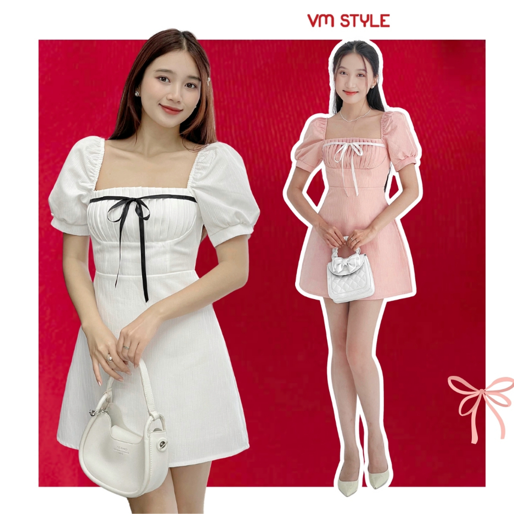 Đầm nữ VMSTYLE ngắn tay phồng cổ U cột nơ ngực xếp ly basic, sang trọng đi chơi, đi tiệc, đi đám cưới 08704 - VDU00463