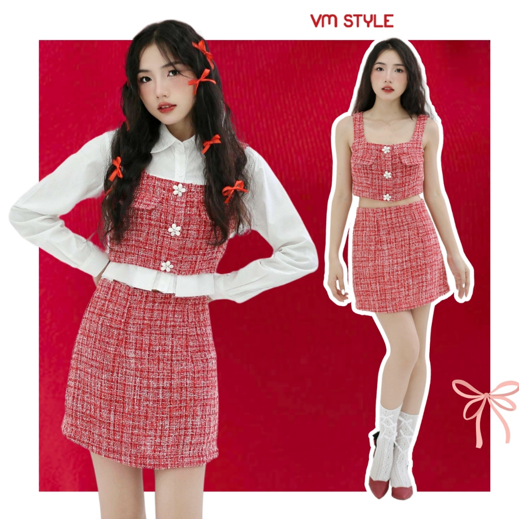 Set bộ dạ tweed nữ VMSTYLE áo 2 dây bảng to đính hoa + chân váy form chữ A ngắn đi tiệc, đi đám cưới SD15 - SBU00110