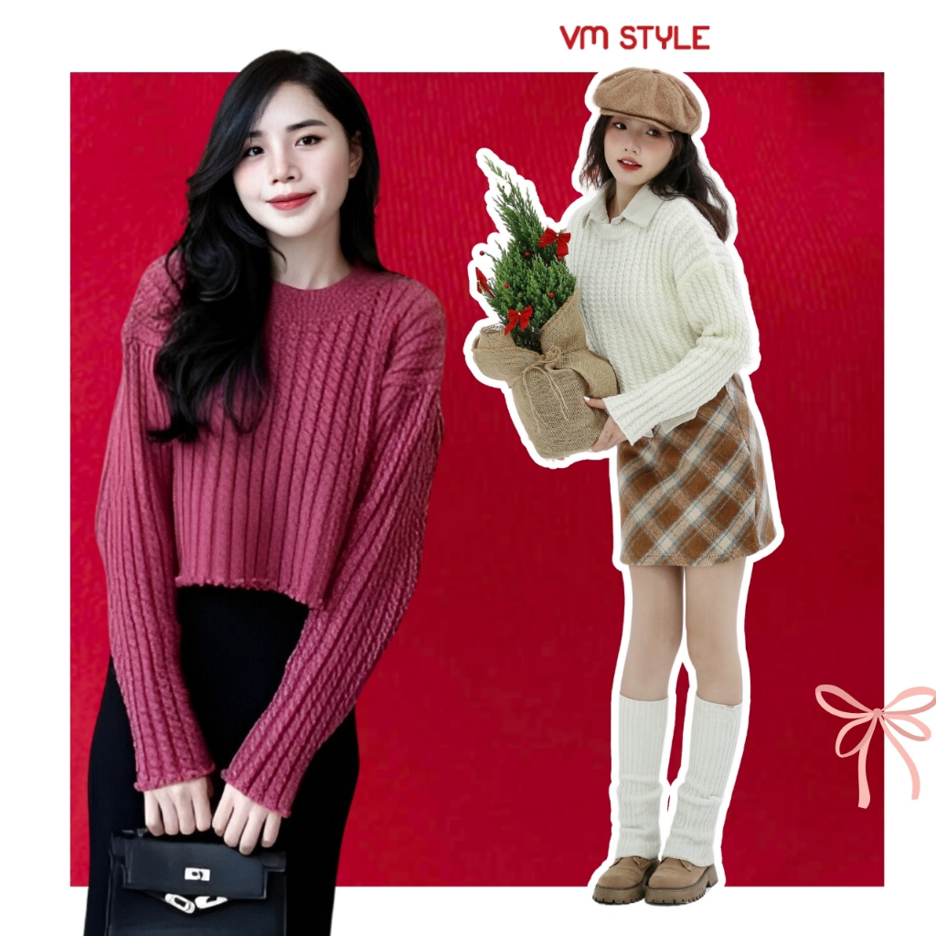 Áo len nữ VMSTYLE croptop tay dài cổ tròn form rộng trơn đơn giản đi chơi, dạo phố thời trang thu đông 3621 - ALU00279