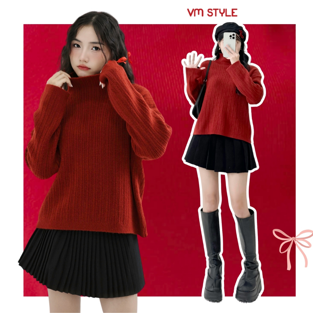 Áo len nữ VMSTYLE form rộng tay dài cổ lọ trơn đơn giản đi học, đi làm, đi chơi thời trang thu đông 8710 - ALU00277