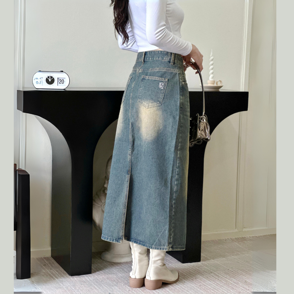 Chân váy jean dáng dài xẻ tà màu retro TiQi Jeans V1-017