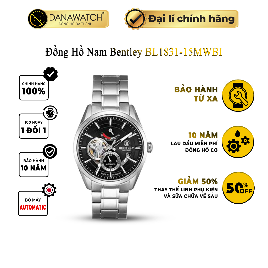 Đồng hồ nam Bentley BL1831-15MWBI chính hãng mặt kính sapphire sành điệu đọc giờ tốt sản xuất tại Đức