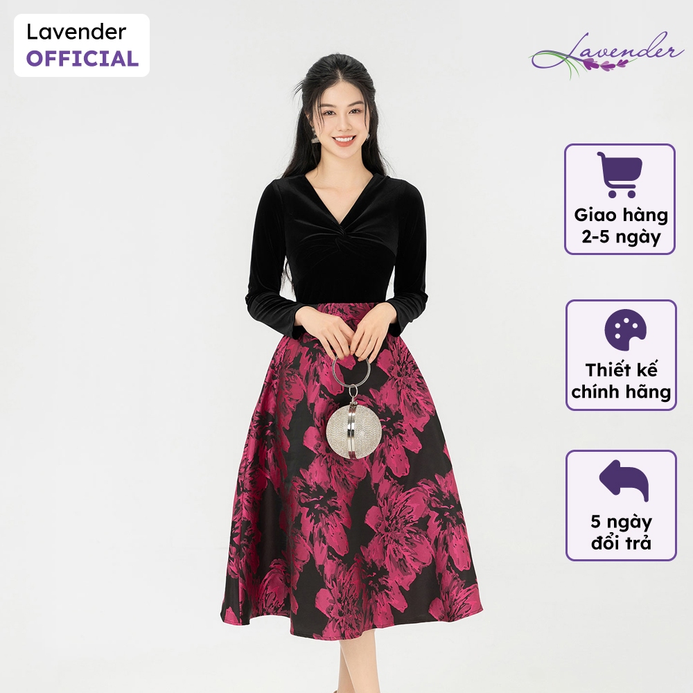 Đầm công sở thiết kế LAVENDER vải nhung phối tafta hoa D2968
