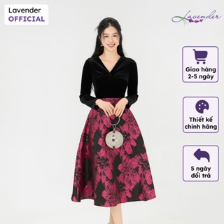 Đầm công sở thiết kế LAVENDER vải nhung phối tafta hoa D2968