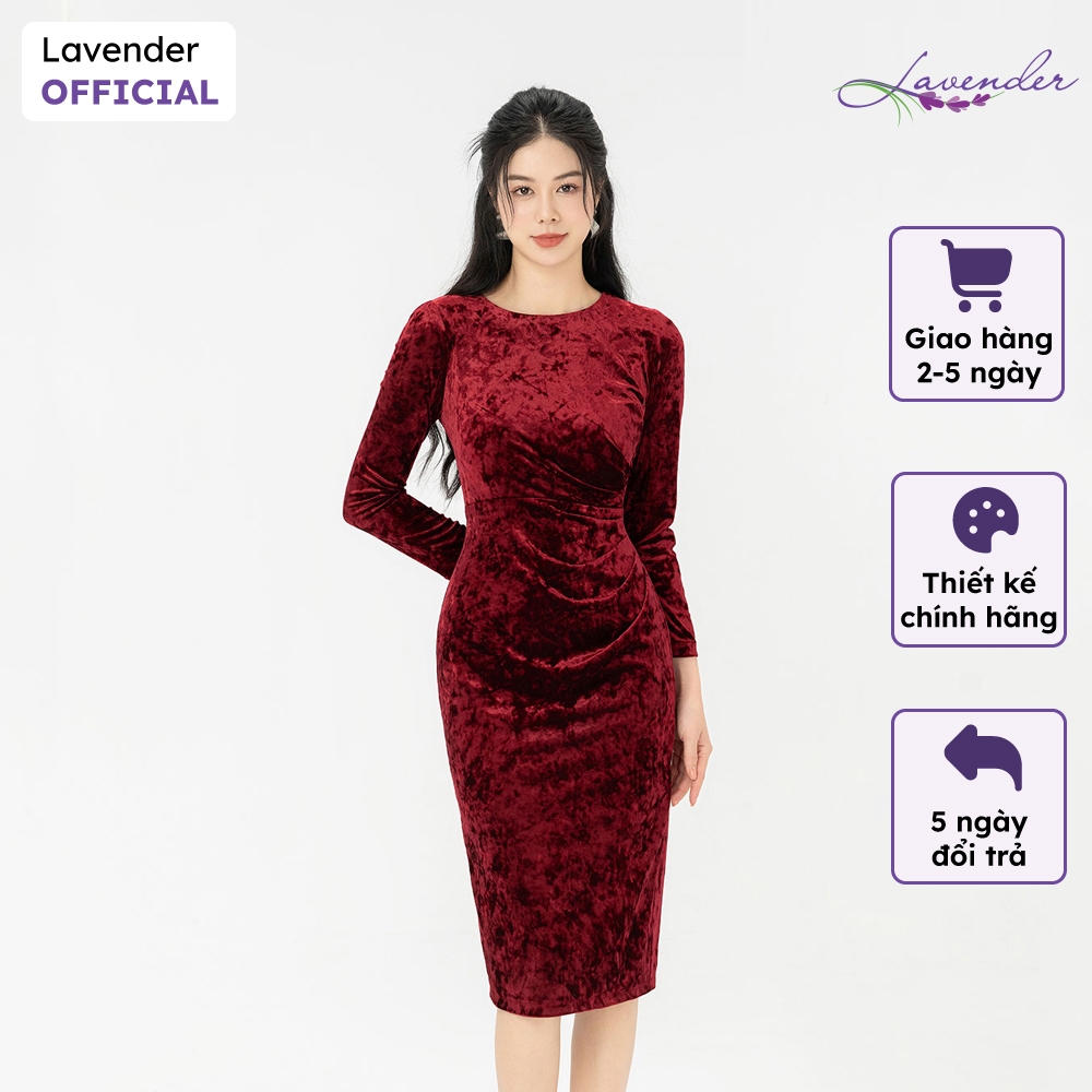 Đầm công sở thiết kế LAVENDER màu đỏ đô vải nhung nhám cực mềm co giãn xếp ly eo D2972