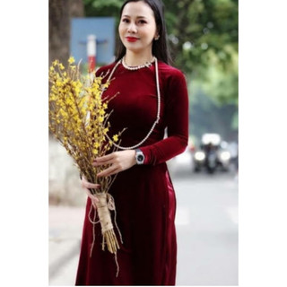 Áo dài Nhung đỏ đô tươi và đỏ đô đậm cổ tròn tay dài và tay lỡ.