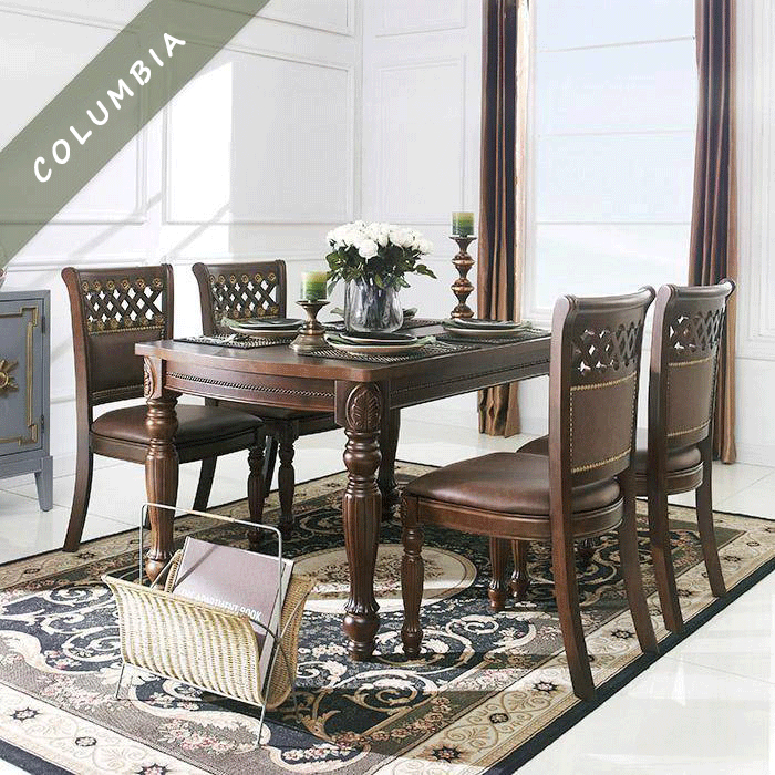 Bộ bàn ăn mặt gỗ 4 - 6 - 8 ghế IBIE Columbia chạm khắc cầu kỳ, phong cách cổ điển, sang trọng, hàng xuất khẩu cao cấp