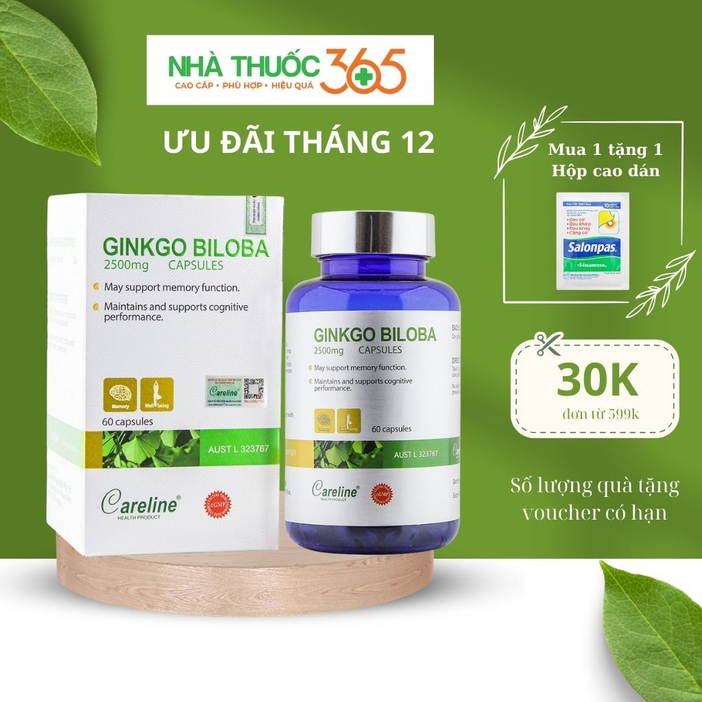 Viên Uống Cải Thiện Trí Não Careline Ginkgo Biloba 2500mg Chiết Xuất Từ Lá Cây Bạch Quả - 60 Viên