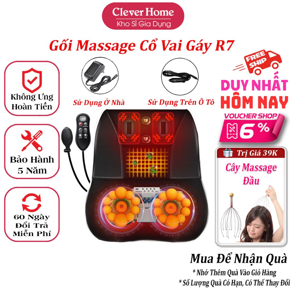 Gối Massage Cổ Vai Gáy, Máy Matxa Lưng Hồng Ngoại Cao Cấp 20 Bi Dạng Nhào Bóp Tạo Nhiệt R7 Sử Dụng Trên Xe Ô Tô, Tại Nhà