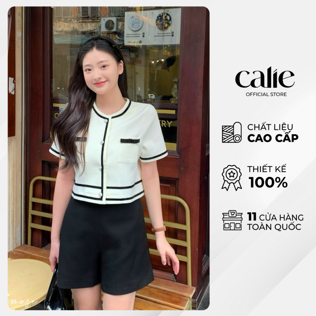 Áo cách điệu nữ ngắn tay dáng lửng phối viền thanh lịchchất text Hàn CALIE AC340
