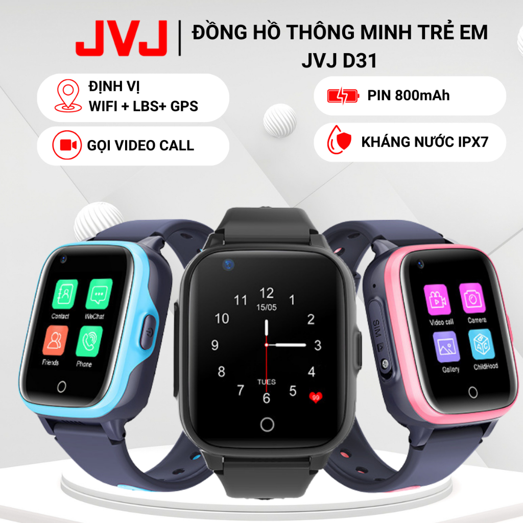 Đồng Hồ Thông Minh Định Vị JVJ D31, Nghe gọi 2 chiều, Lắp Sim, Kháng Nước, Có Tiếng Việt, Video Call- Bảo Hành 12 Tháng