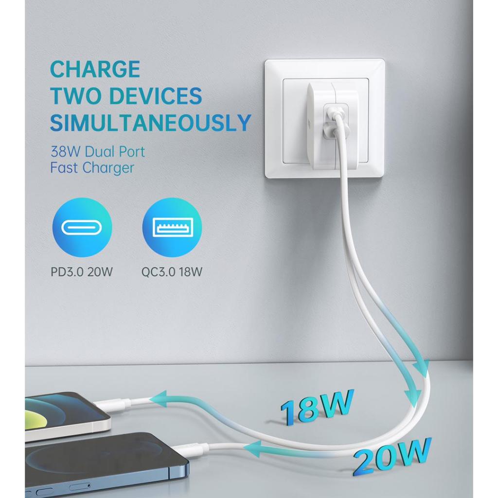 Bộ Củ Sạc Nhanh CHOETECH 38W PD5002-W Và Cáp C to C 60W Dài 1.8M CC0005-S Cho Điện Thoại Samsung, Oppo, Vivo, Xiaomi - H