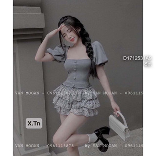 Set áo croptop phối nút bọc cổ vuông kèm váy ren ngắn xòe tầng!