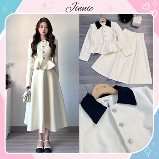  Set áo dạ len dáng peplum mix chân váy dài xoè tiểu thư phong cách hàn quốc 