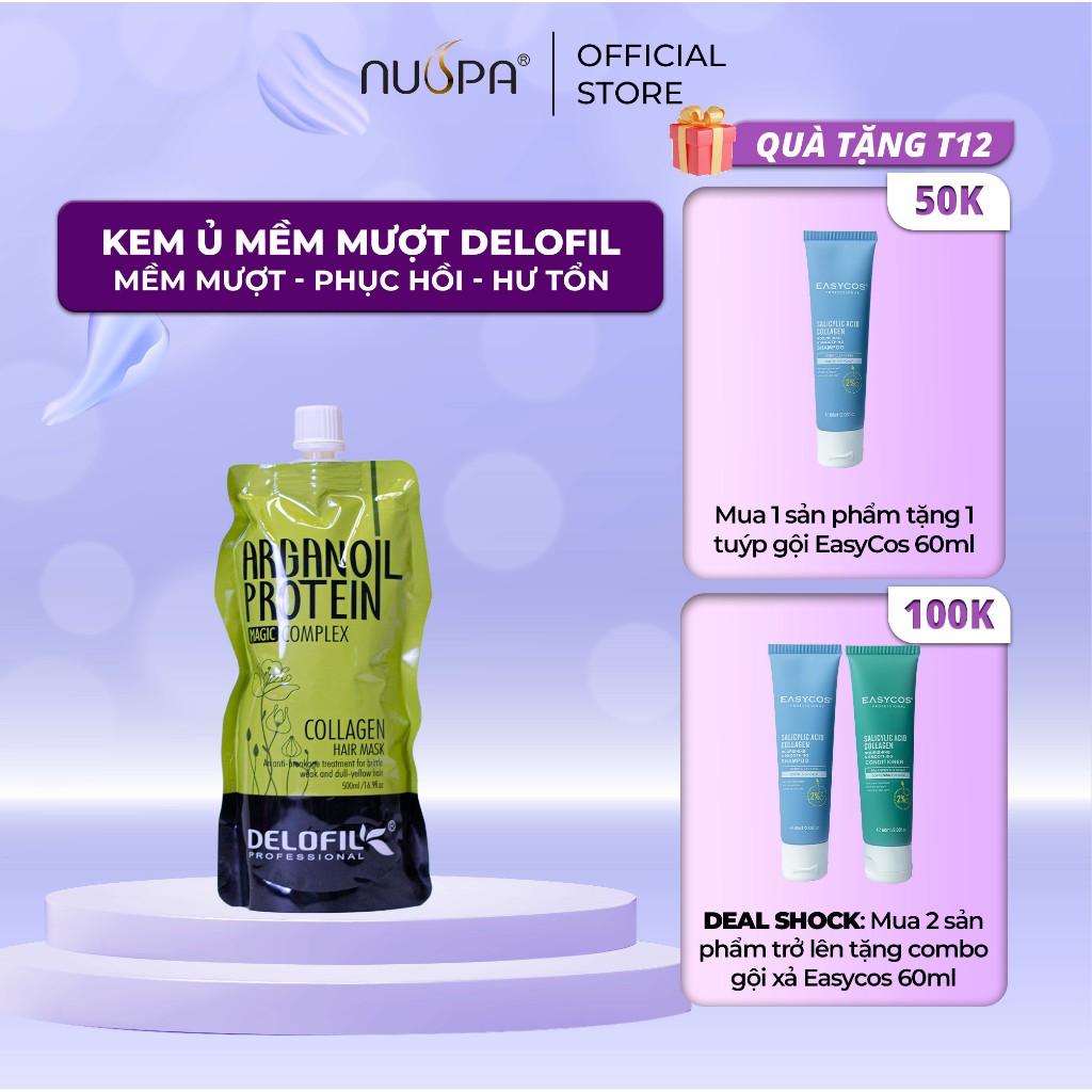 Kem ủ tóc argan oil siêu dưỡng mềm mượt phục hồi tóc hư tổn DELOFIL Collagen Hair Mask 500ml